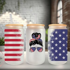 Patriotic Messy Bun Frosted Glass Can, Beer Can Glass, Libbey Glass Can, Glass Can With Bamboo Lid n Straw, Gift for Her, USA, America