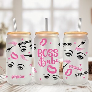 Boss Babe Frosted Glass Can, Lashes Makeup Sassy, Beer Can Glass, Libbey Glass Can, Glass Can With Bamboo Lid n Straw, Gift for Her