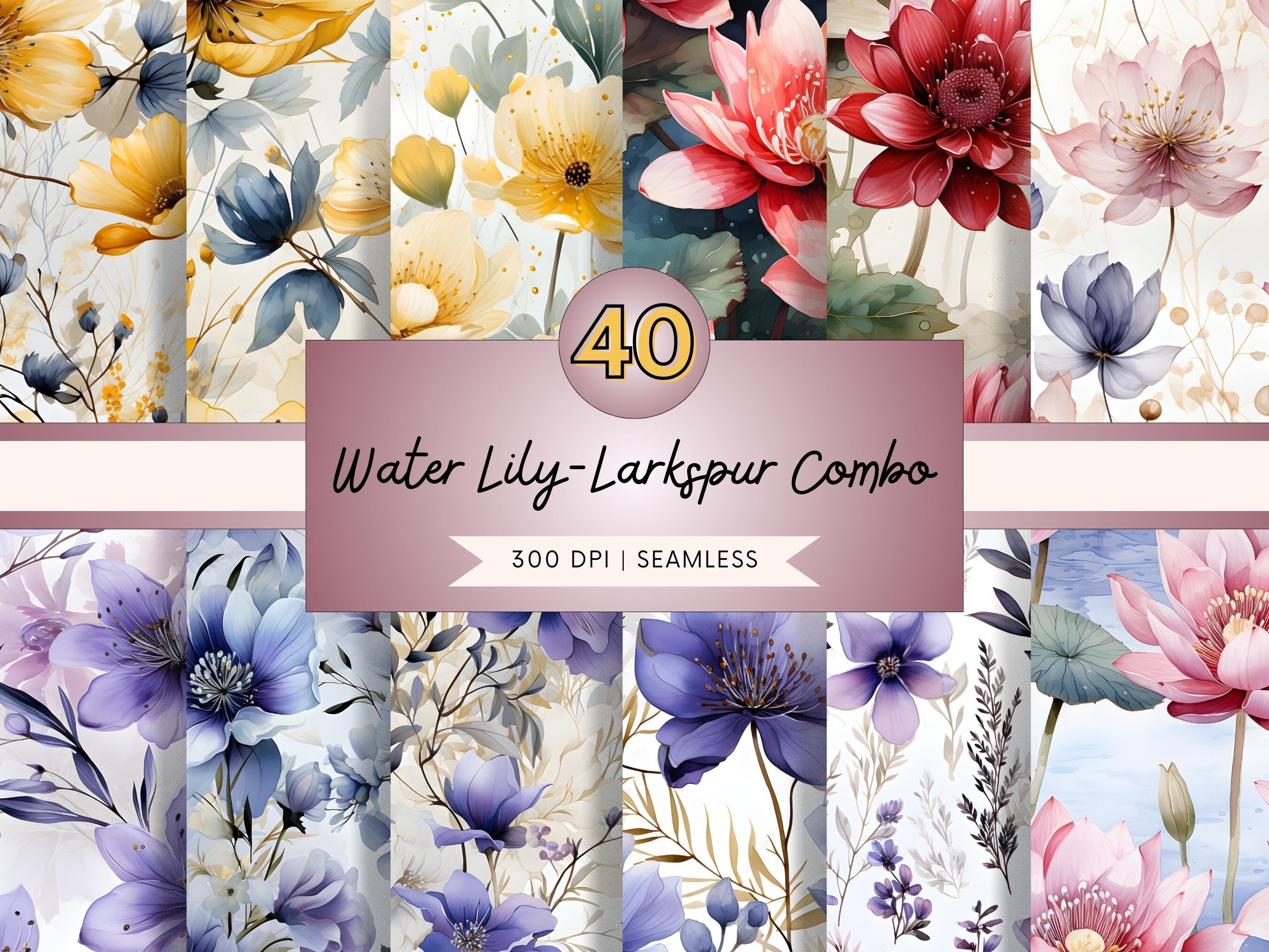Water Lily Flower Seamless Pattern Bundle Floral Watercolor July ...