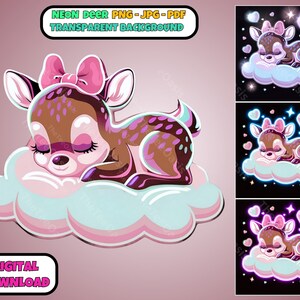 Può includere: Un'illustrazione di un cervo rosa e marrone con un fiocco rosa che dorme su una nuvola rosa e blu. Il cervo ha gli occhi chiusi e un naso rosa. La nuvola ha un gradiente rosa e blu ed è circondata da cuori rosa e stelle.