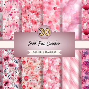 Puede incluir: Un conjunto de 30 diseños de papel digital con patrones de acuarela rosa. Los patrones incluyen corazones, flores y diseños abstractos. Los papeles son de 300 DPI y sin costuras.