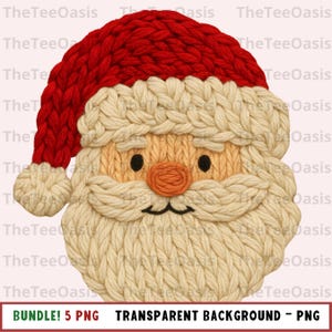 Puede incluir: Una cara de Papá Noel tejida con un gorro rojo, barba beige y nariz color melocotón. La cara tiene ojos negros y una boca negra sonriente. La imagen incluye el texto "BUNDLE! 5 PNG TRANSPARENT BACKGROUND - PNG".