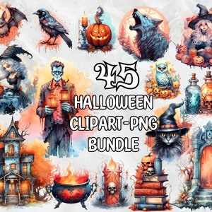 Puede incluir: Un paquete digital de clipart de 45 imágenes con temática de Halloween. Las imágenes incluyen una bruja, un hombre lobo, un gato, un caldero, una casa encantada, una calavera, una calabaza, una botella de poción, un murciélago, un búho, una vela y un libro. Las imágenes están en estilo acuarela y son perfectas para crear manualidades, tarjetas y decoraciones de Halloween.
