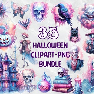 Puede incluir: Un conjunto de 35 imágenes de clipart de Halloween en formato PNG. Las imágenes presentan una variedad de personajes espeluznantes y caprichosos, incluyendo un esqueleto, una bruja, un vampiro, un fantasma, una calabaza, un murciélago, una araña, un cuervo, una calavera y una casa encantada. Las imágenes están todas en un estilo de acuarela y tienen un esquema de color rosa y morado.