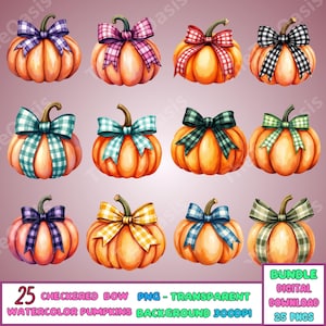 Puede incluir: 25 ilustraciones digitales de calabazas de acuarela con lazos a cuadros en varios colores. Las calabazas son de color naranja y los lazos son de varios colores, incluyendo rojo, azul, verde, amarillo y morado.