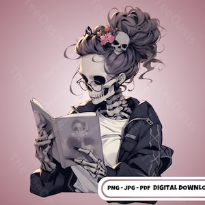 Könnte beinhalten: Eine digitale Illustration eines Skeletts mit einem Schädelkopf, das eine schwarze Lederjacke, ein weißes T-Shirt und eine Brille trägt. Das Skelett hat langes, dunkles Haar mit einer Blumenkrone und liest ein Buch. Der Hintergrund ist hellrosa.