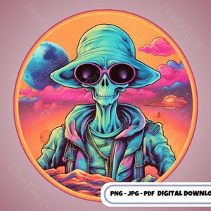 Puede incluir: Ilustración digital de un alienígena con sombrero y gafas de sol, sobre un fondo espacial colorido. El alienígena es turquesa con una cara esquelética y lleva una chaqueta turquesa. La imagen está enmarcada en un diseño circular con el texto "PNG - JPG - PDF DIGITAL DOWNLOAD".