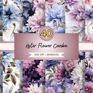 Cute Aster Flower Seamless Pattern Bundle September Floral Birthmonth Pattern Aster Digital Paper Bundle Jpg Commercial Use Digital Download