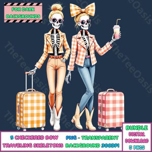 Halloween Skeleton Png Bundle Checkered Bow Skull Clipart Retro Traveler Clipart Cute Messy Bun Spooky Vibes png Influencer Digital Download