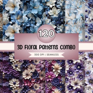 Puede incluir: Un collage digital de 120 patrones florales 3D sin costuras. Los patrones presentan varios tonos de flores azules, moradas y blancas. El texto "120 3D Floral Patterns Combo 300 DPI | Seamless" se muestra en el centro de la imagen.