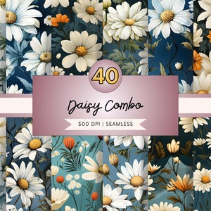 Puede incluir: Un paquete de papel digital con 40 patrones sin costuras que presentan margaritas blancas sobre un fondo azul oscuro. El texto "40 Daisy Combo 300 DPI | Seamless" se muestra en una pancarta rosa.