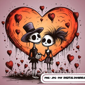 Romantico Halloween scheletro coppia Clipart Halloween San Valentino Sweatheart Png carino atmosfera gotica stagione spettrale Tumbler Download digitale