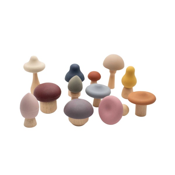 Mushroom Toy | Wood + Silicone | Montessori | Pretend Play | Fine Motor Skill | Open-Ended Development Toy
