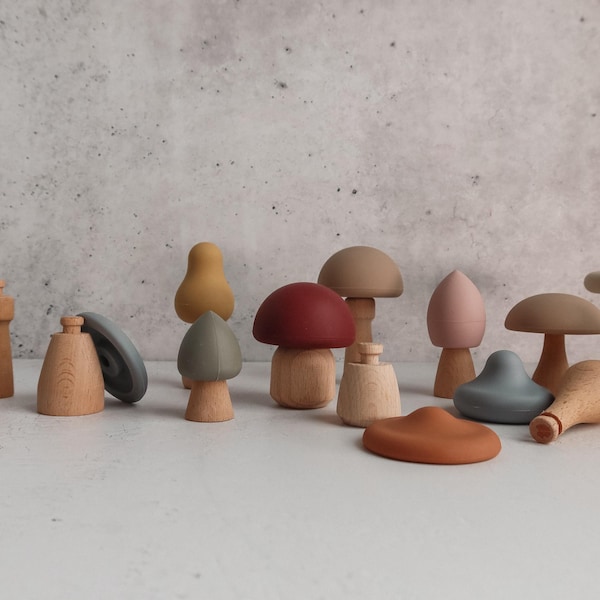 Juguete de silicona con forma de seta de madera / Juego sensorial Montessori, desarrollo de la motricidad fina