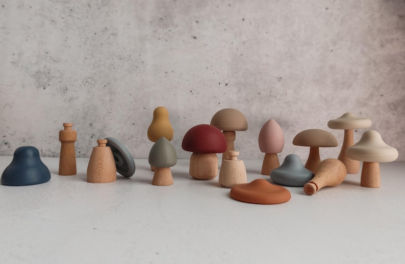 Montessori mushroom mix and match toy made from wood and silicone for toddler play