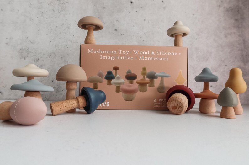Montessori mushroom toy mix and match set with product packaging