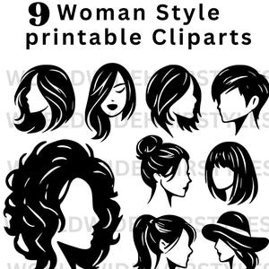 May include: Black and white digital clip art featuring nine different woman's hairstyles. The image includes text that reads "9 Woman Style printable Cliparts" and "High Quality Woman Logos". The image is available in SVG and PNG formats.