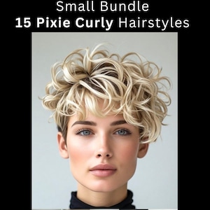 Op de afbeelding: Small Bundle 15 Pixie Curly Hairstyles. Een digitale collectie met een centraal portret van een persoon met kort, blond, krullend haar en donkere wortels, vergezeld van vijf kleinere, wazige voorbeeldafbeeldingen van diverse kapsels.