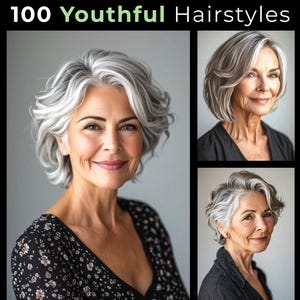 Könnte beinhalten: Eine digitale Sammlung mit dem Titel 100 Youthful Hairstyles for older Woman, die drei Porträts von Personen mit silbernem und grauem Haar in verschiedenen kurzen und langen Stilen zeigt. Der Text enthält Digital Hairstyles und JPG Bundle.