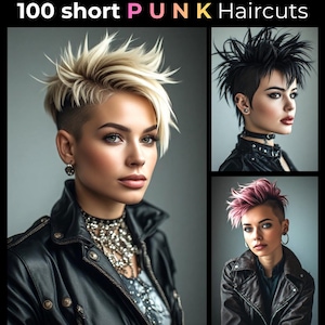 以下が含まれることがあります： 100 short PUNK Haircutsと題されたデジタルコレクション。ブロンド、黒、ピンクの短く尖ったヘアスタイルの人物のポートレート3枚で構成され、黒いレザージャケットと金属製のアクセサリーを身に着けており、JPGバンドルとして提供されています。