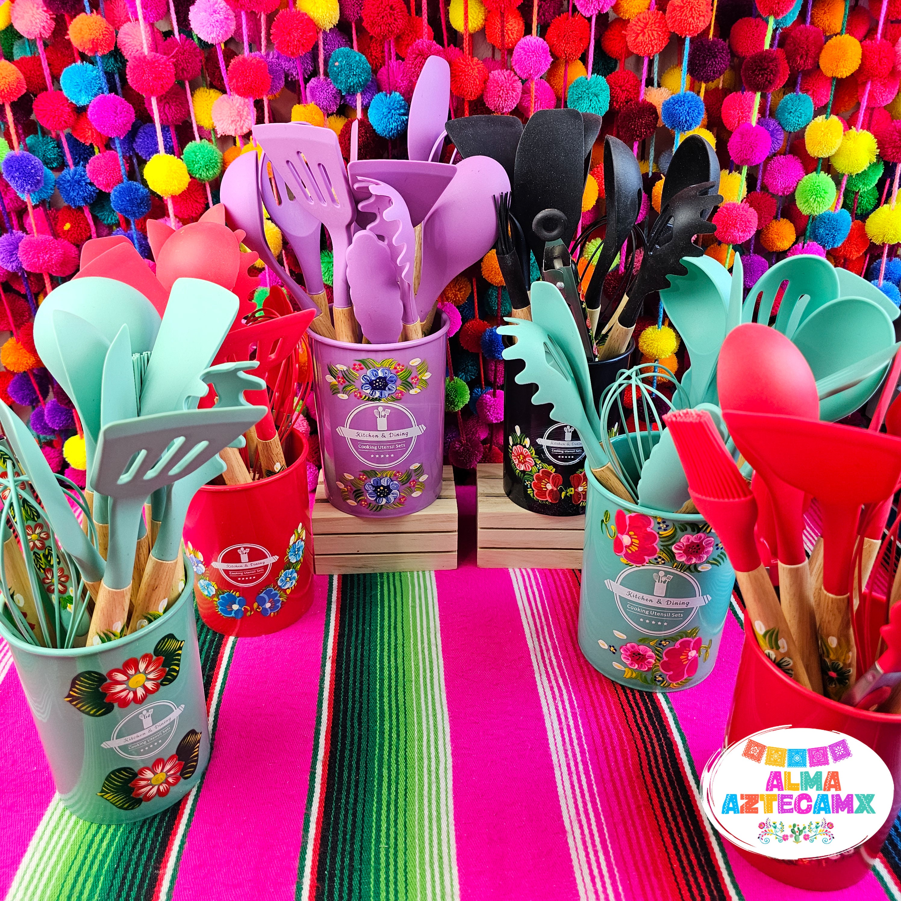Utensili in legno e silicone dipinti a mano, accessori da cucina, Cocina Mexicana, cucina messicana
