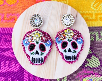 Handmade Mexican Earrings Beaded Skull Aretes Mexicanos Handmade Jewelry Mexico Gift Dia De Los Muertos