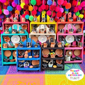 Mexican Wood Trasterito / Mini Clay Dishes / Trastero de Barro / Wooden Cupboard Home Decor