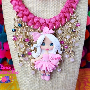 Hand Woven Beaded Artisanal Valentines Day Pink Doll Necklace and Earrings Set - Mexican Jewelry - Collar Mexicano - Colorful  Necklace