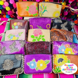 Bloemen leren muntzak / Monedero de Piel / Bolsa Artesanal