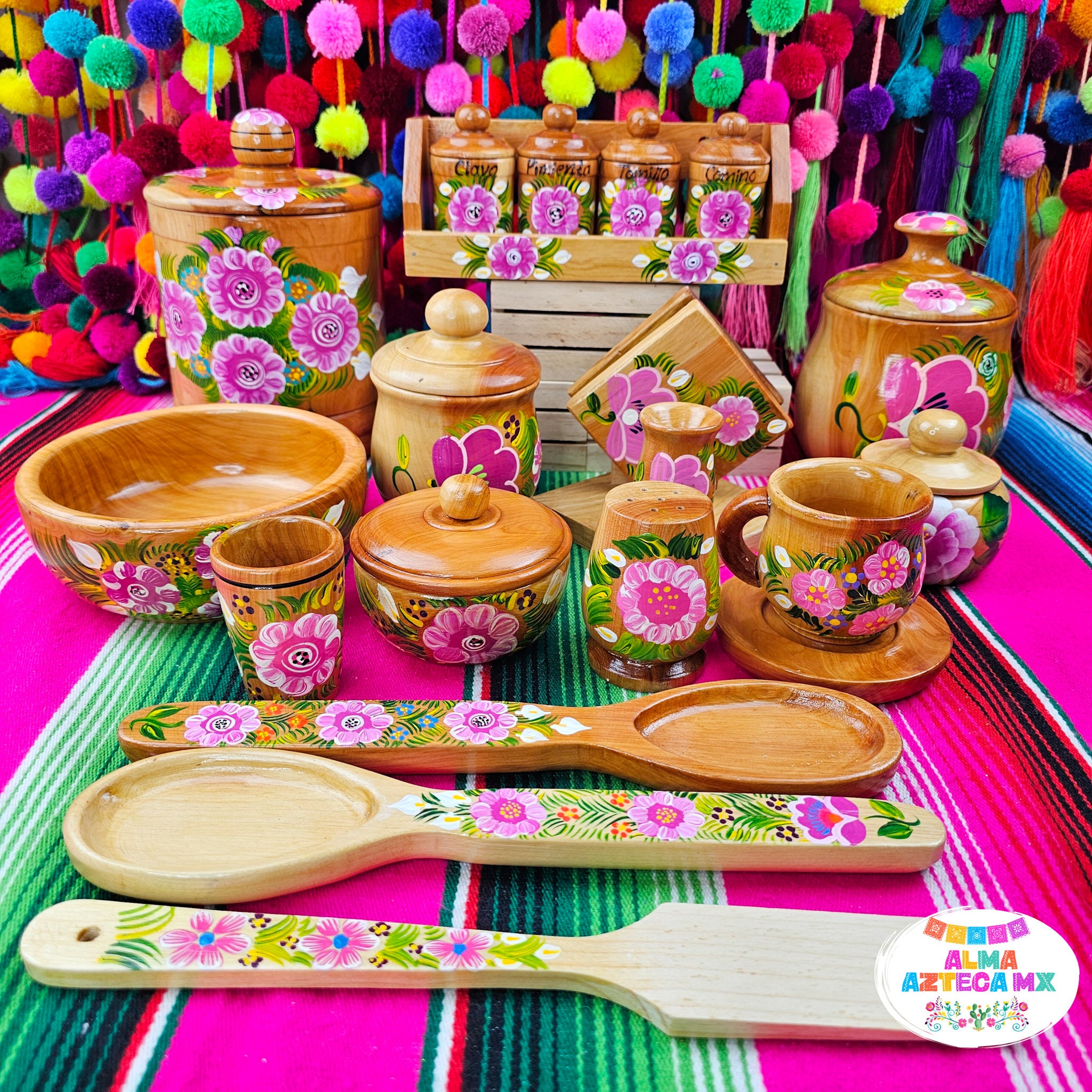 Bright Pink Handpainted Wooden Kitchen Accessories / Cocina Mexicana / Mexican  Kitchen / Servilletero Prensa Tazas De Madera / Cocina Rosa 