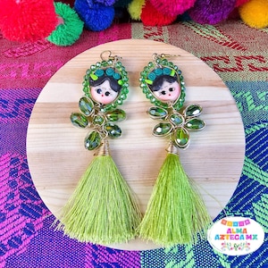 Handmade Mexican Doll Green Rhinestone Tassel Earrings / Beaded Earrings / Aretes Mexicanos
