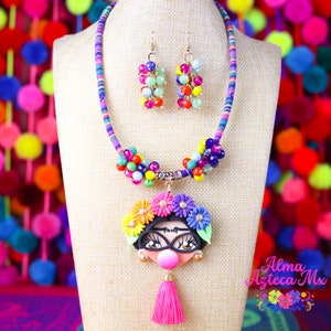 Mexican Artisanal Purple Doll Necklace Earrings Mexican Jewelry Collar Mexicano