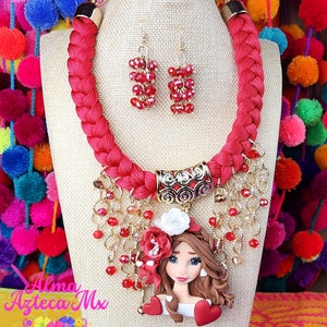 Red Hand Woven Beaded Artisanal Valentines Day Doll Necklace and Earrings Set - Mexican Jewelry - Collar Mexicano - Colorful  Necklace