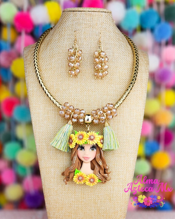 Beaded Handmade Yellow Sunflower Doll Necklace Earrings Set - Main Image