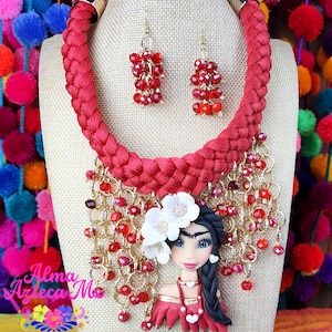 Hand Woven Beaded Artisanal Valentines Day Red Doll Necklace and Earrings Set - Mexican Jewelry - Collar Mexicano - Colorful  Necklace