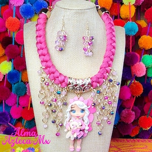 Hand Woven Beaded Artisanal Valentines Day Pink Necklace and Earrings Set - Mexican Jewelry - Collar Mexicano - Colorful  Necklace