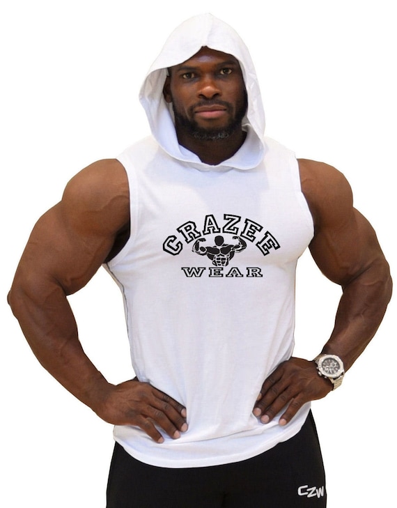 Pacific Sleeveless Hoodie in White With Crazee Wear Muscle Man Design -   Canada