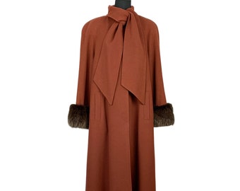 Vintage 70s Mallia Brown Wool Cashmere Maxi Coat Fur Cuffs