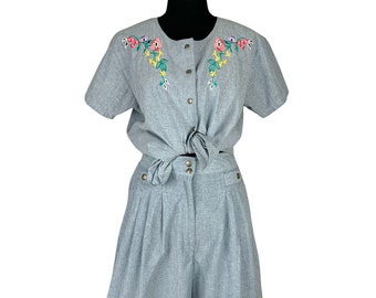 Vintage 80s-90s Elle Sport 2-Piece Embroidered Top & Shorts Set