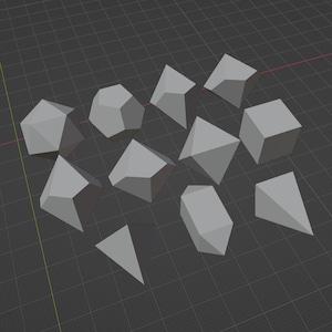 May include: A collection of 12 geometric shapes in various sizes and forms, including a cube, pyramid, and dodecahedron. The shapes are all a light grey colour and are arranged on a dark grey grid background.