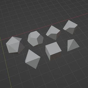 May include: A collection of eight geometric shapes, including a cube, a pyramid, a dodecahedron, and a tetrahedron. The shapes are all made of a light gray material and are arranged in a row on a dark gray background.