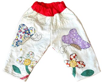Vintage Quilt Kids Pants: Cottage Garden Appliqué-Butterfly , flowers.