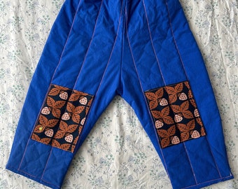Kids winter (padded) pants, cobalt blue, organic cotton, loose shape, knee patch  , neon orange top stitch [made to order]