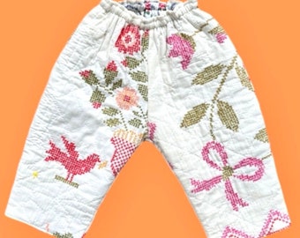 Kids pants from vintage quilt blanket , reversible , hand-cross stitch , loose shape,  springy- but warm  Fully lined [made to order]