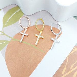 925 Silver Cz cross hoops - Cz cross hoops silver - Dainty earrings - Cz dangle earrings - Hoop earrings - Huggie earrings - Tiny earrings