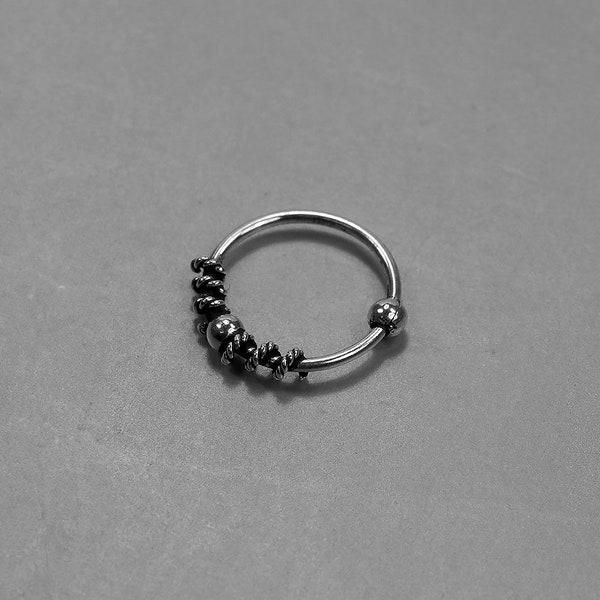 Oxidized Sterling Silver Nose Ring Hoop with Coil Decoration- Unique Nose Ring- 22 Gauge Nose Ring