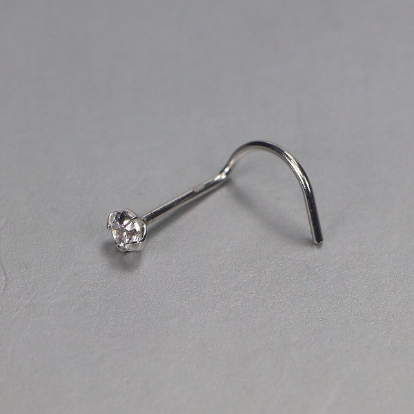 Gemstone Nose Screw - 9K White Gold Nose Ring-Tiny Nose Ring- Nose Screw- Nose Piercing Ring- Thin Nose Ring- 22 gauge size