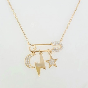 925 Sterling Silver Safety Pin Pendant - Half Moon Tiny & CZ Lightning Bolt and Star Pendant Necklace - Classic Necklace in silver for Teen.