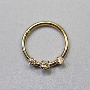 14K Gold Triple stone Clicker Nose Ring/ Solid Gold Earring/ Cartilage Earring- Hinged Segment Ring- 18G Hoops Gold Ring