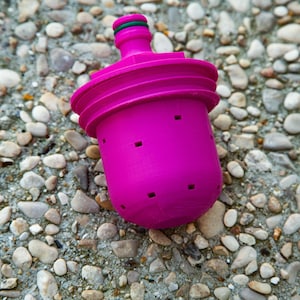 May include: A bright magenta water filter with a green O-ring. The filter has a cylindrical body with several small square holes and a ridged top. The filter is sitting on a surface of small pebbles.
